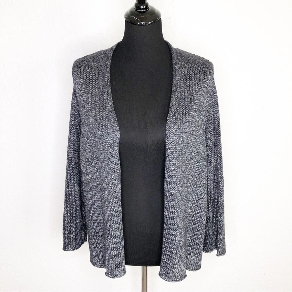 Eileen Fisher charcoal gray metallic open front crochet knit cardigan sweater XL